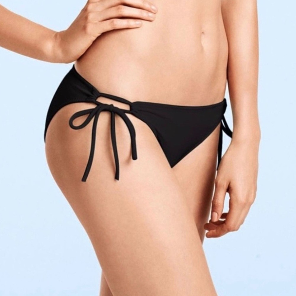 Victoria's Secret Black‎ Tie Side Bikini Bottom Textured Cheeky Thong Size L NWT